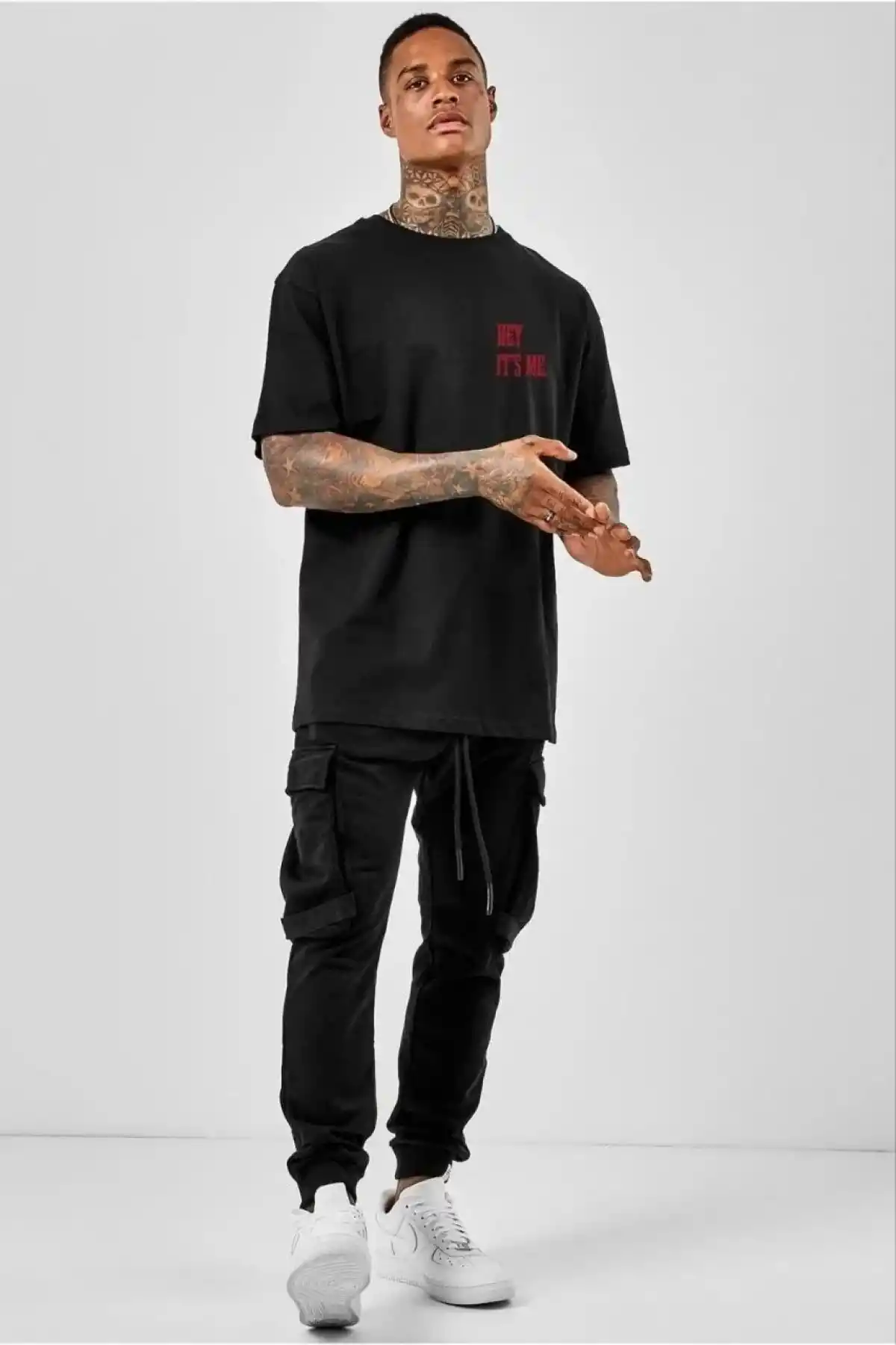 ERKEK Bisiklet Yaka Oversize Baskılı T-Shirt - Siyah