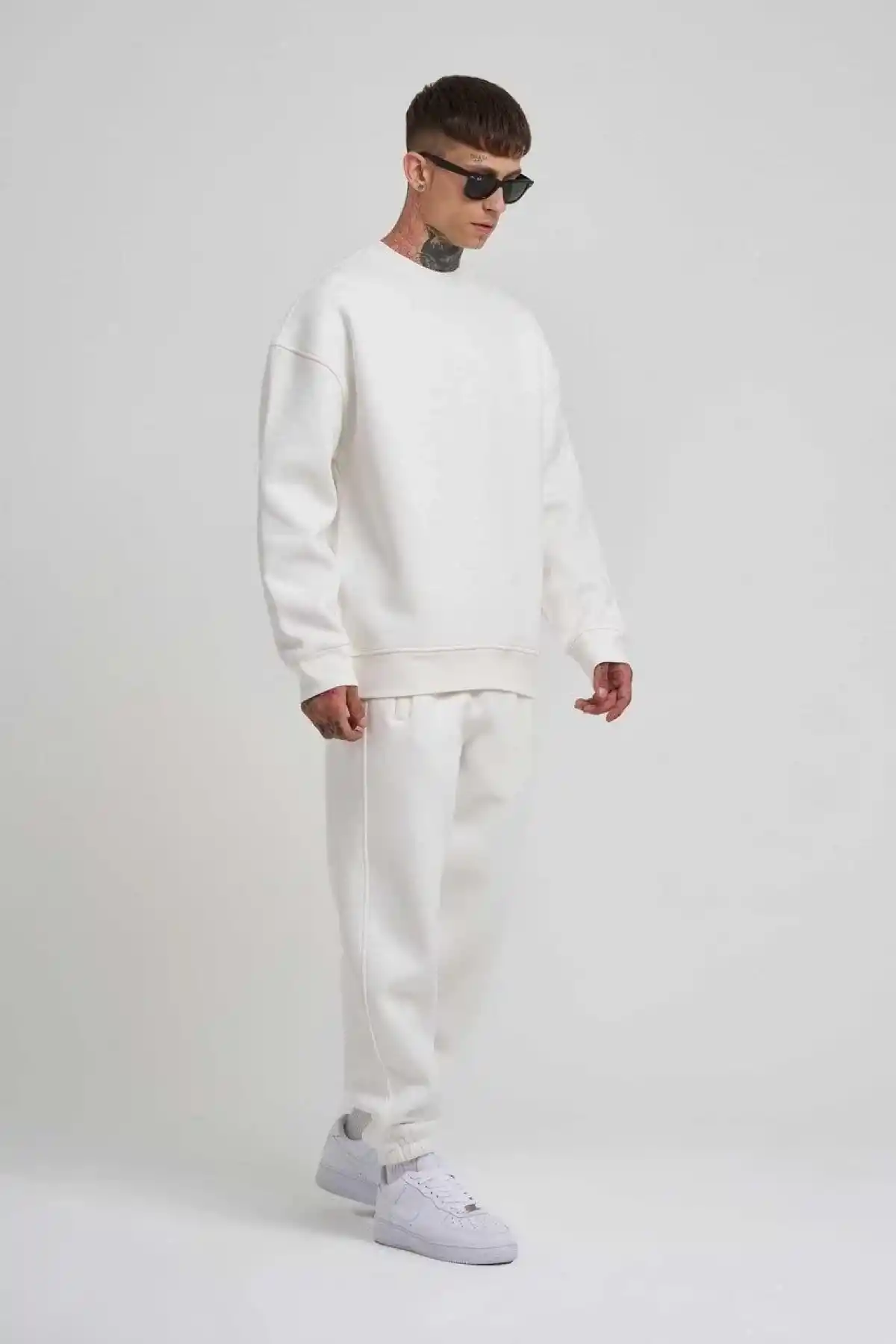 ERKEK Biskilet Yaka Üç İplik SweatShirt - Beyaz