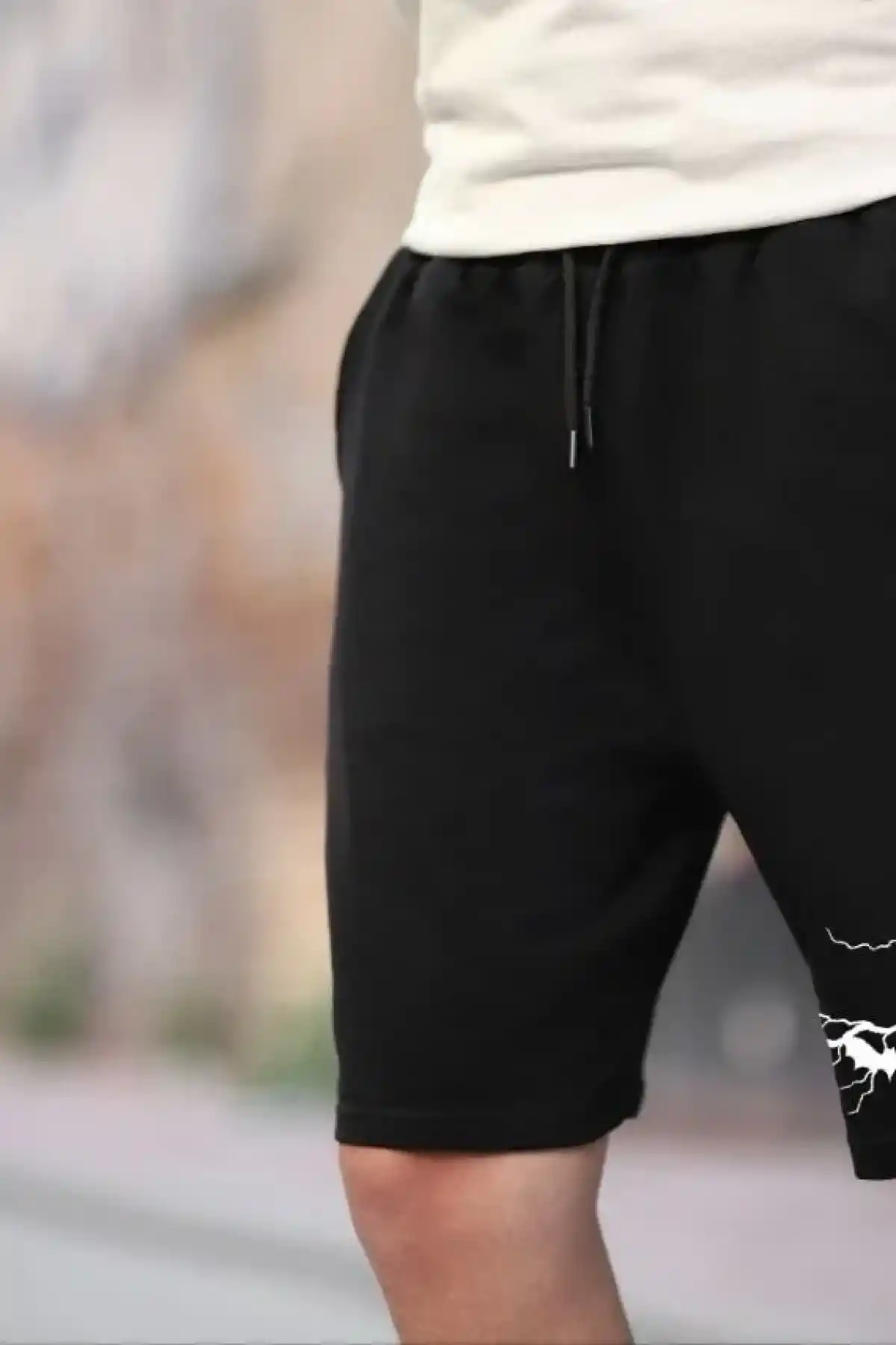 Erkek İki İplik Baskılı Şort - Siyah