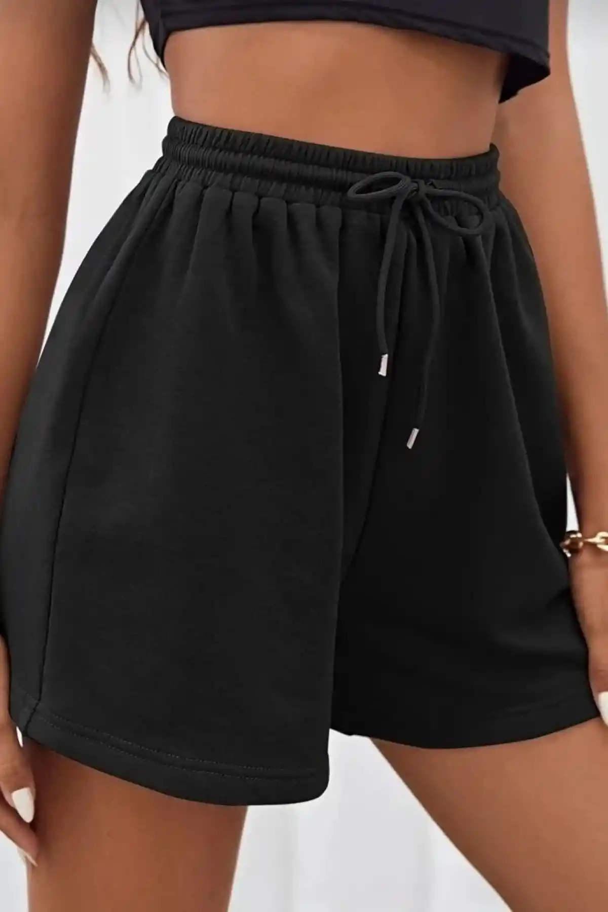 Unisex İki İplik Düz Oversize Şort - Siyah