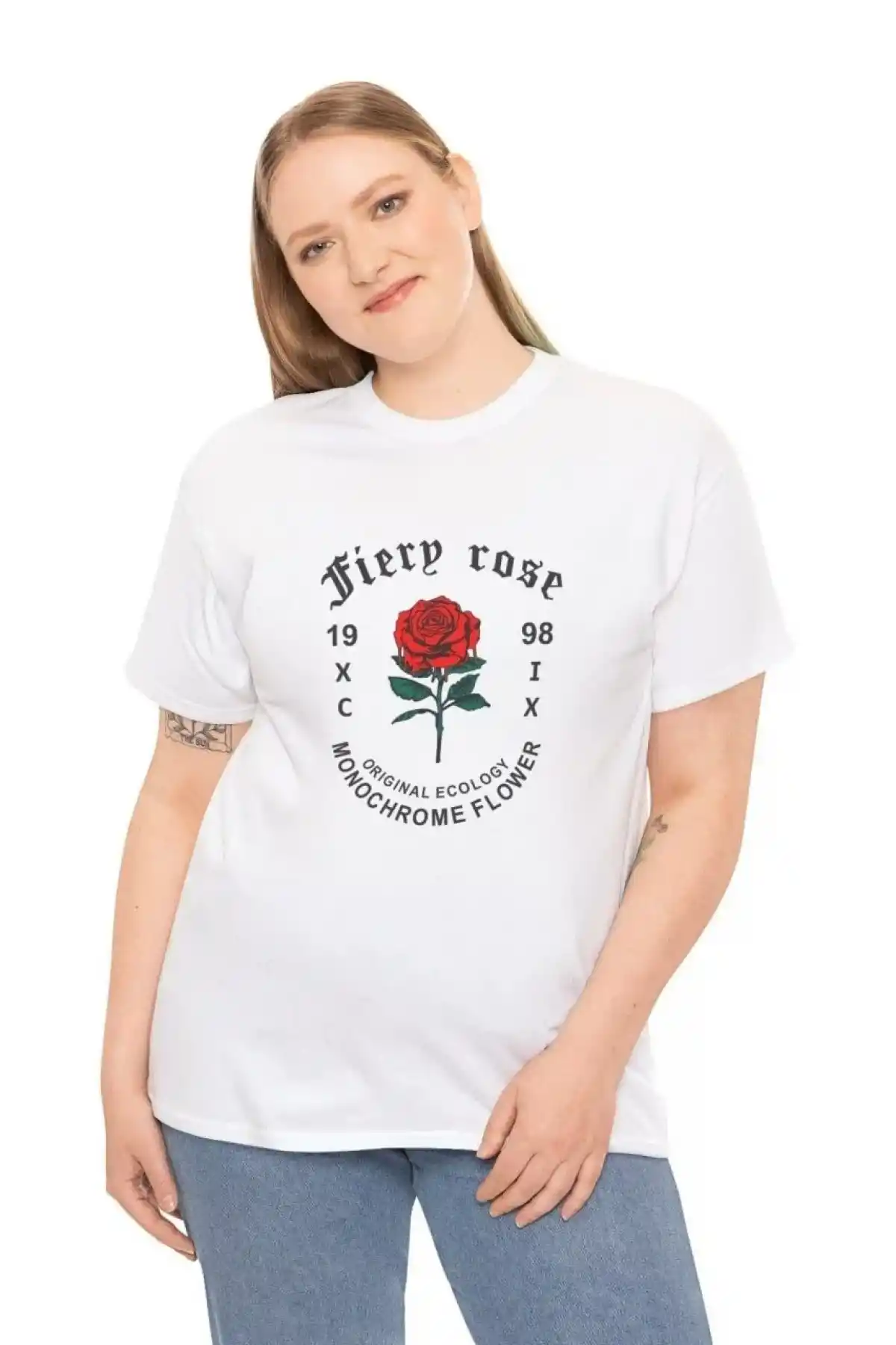 Kadın Bisiklet Yaka Baskılı T-Shirt - Beyaz