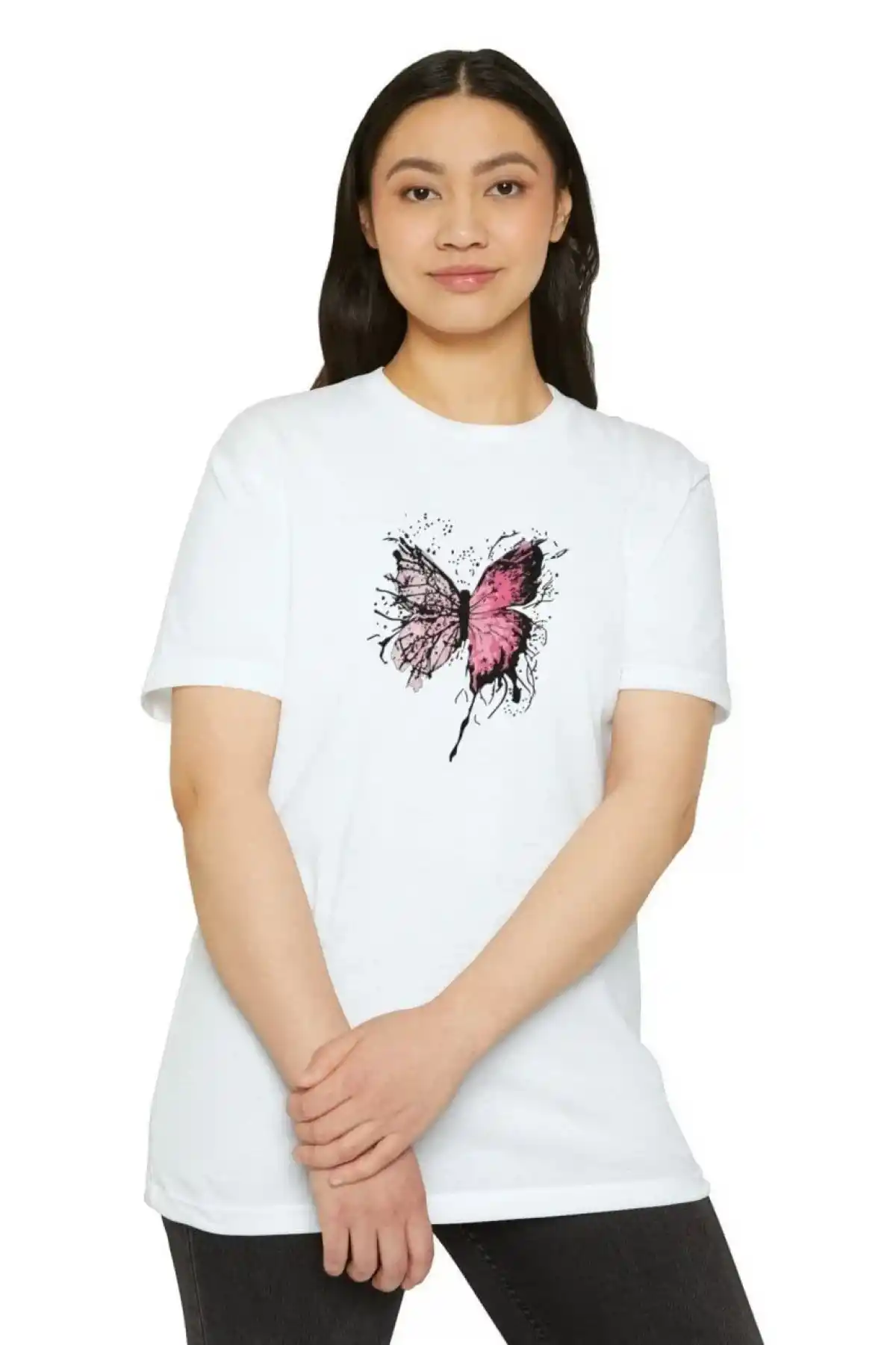 Kadın Bisiklet Yaka kelebek Baskılı T-Shirt - Beyaz