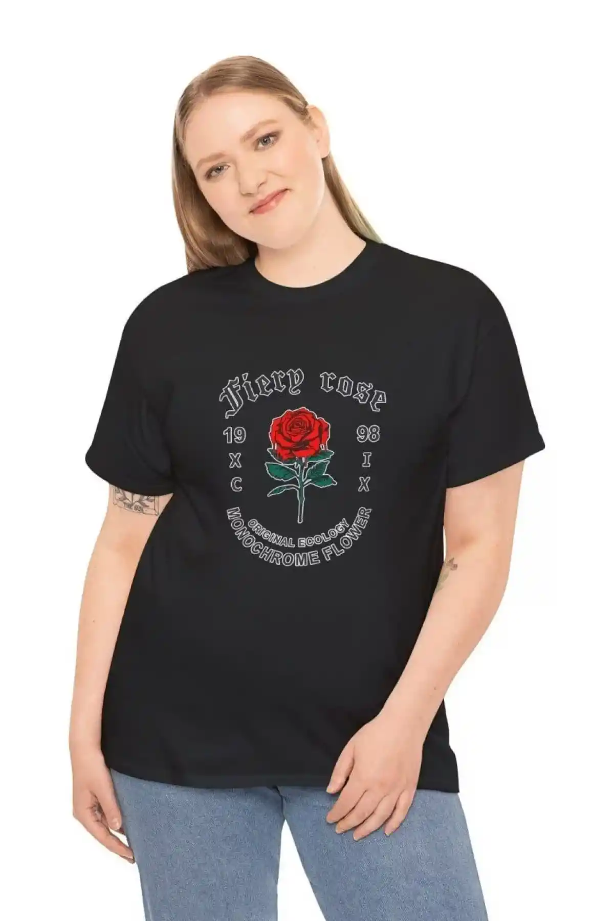 Kadın Bisiklet Yaka Baskılı T-Shirt - Siyah