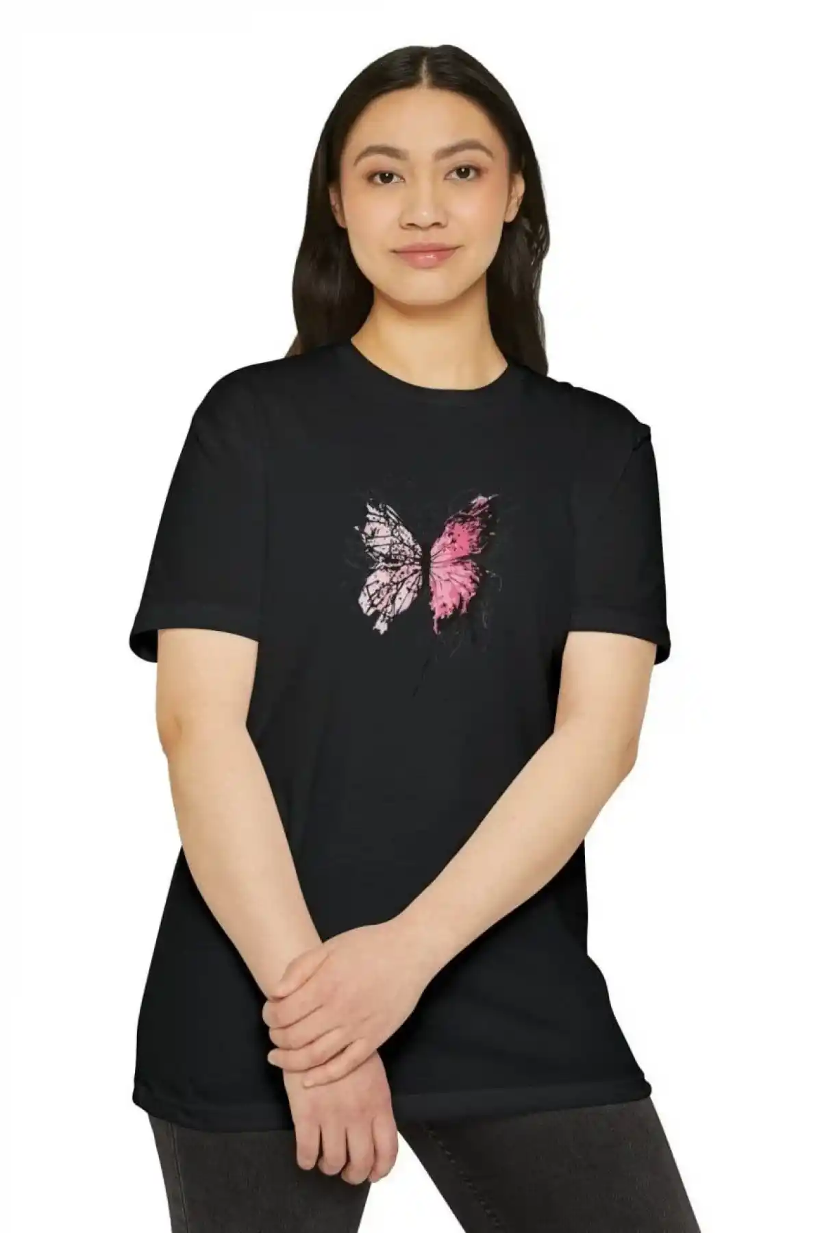 Kadın Bisiklet Yaka Baskılı T-Shirt - Siyah