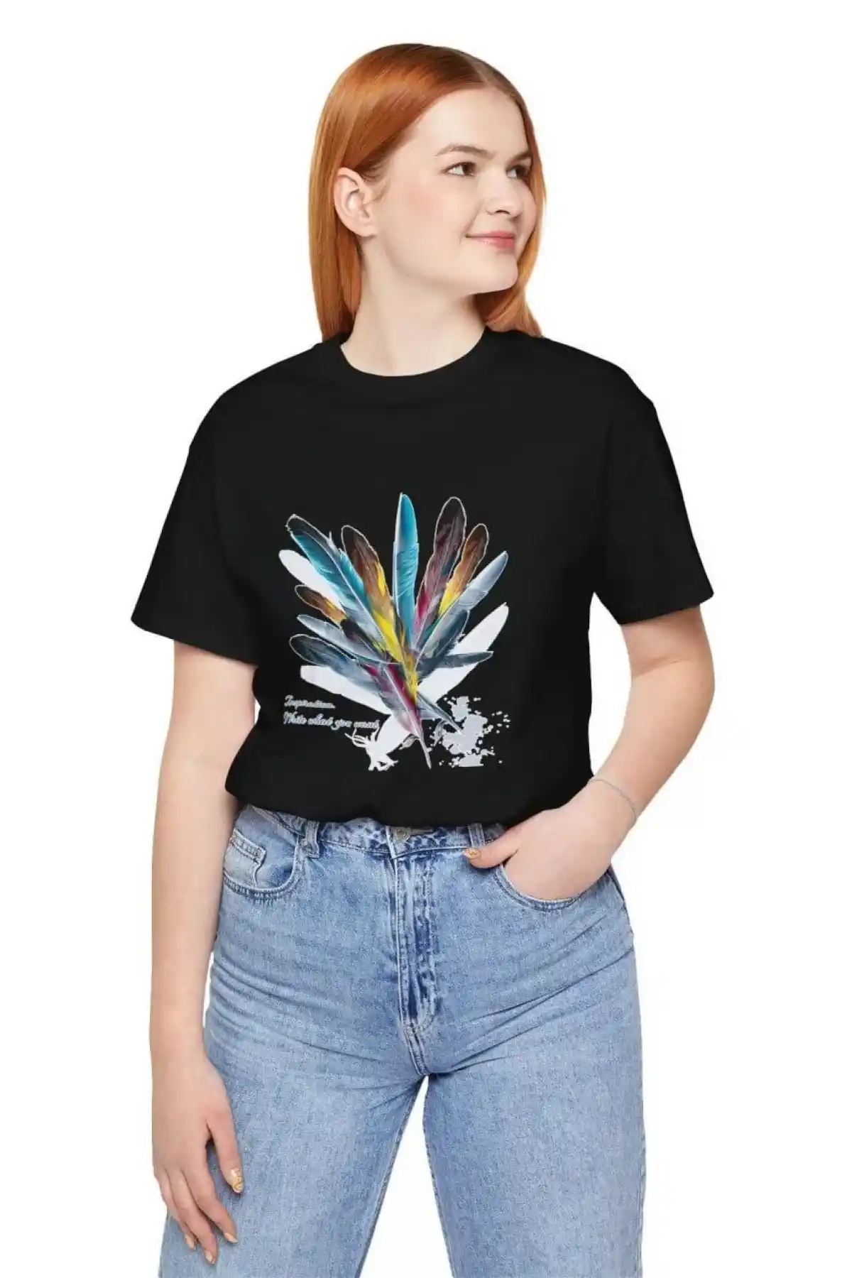 Kadın Bisiklet Yaka Baskılı T-Shirt - Siyah