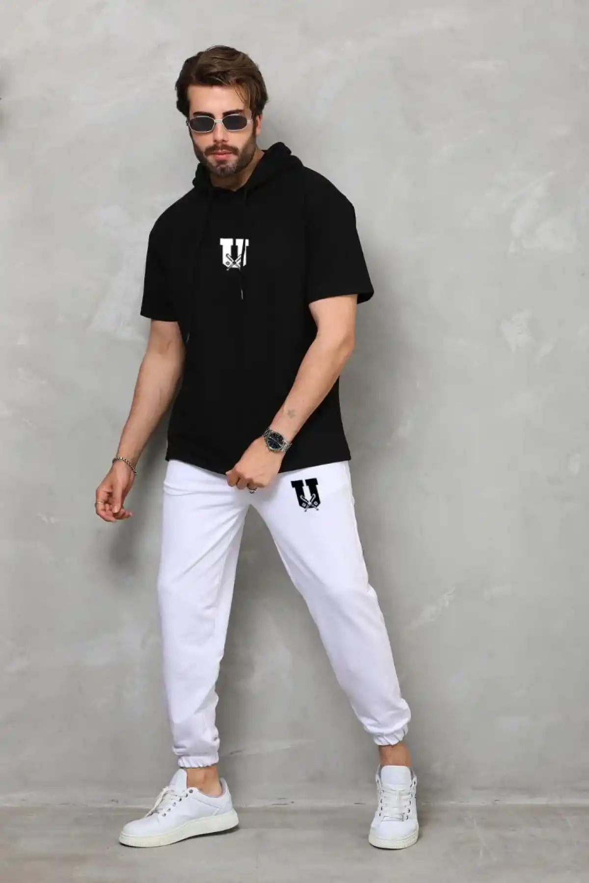 Unisex Kapşonlu Oversize T-Shirt Takım - Siyah