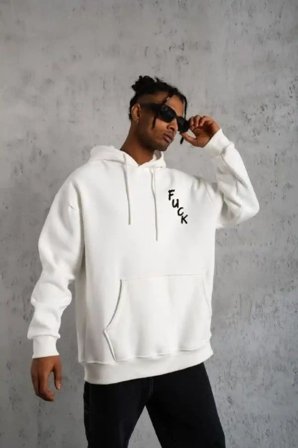 ERKEK Kapşonlu Uzun Kol Baskılı Sweetshirt - Beyaz