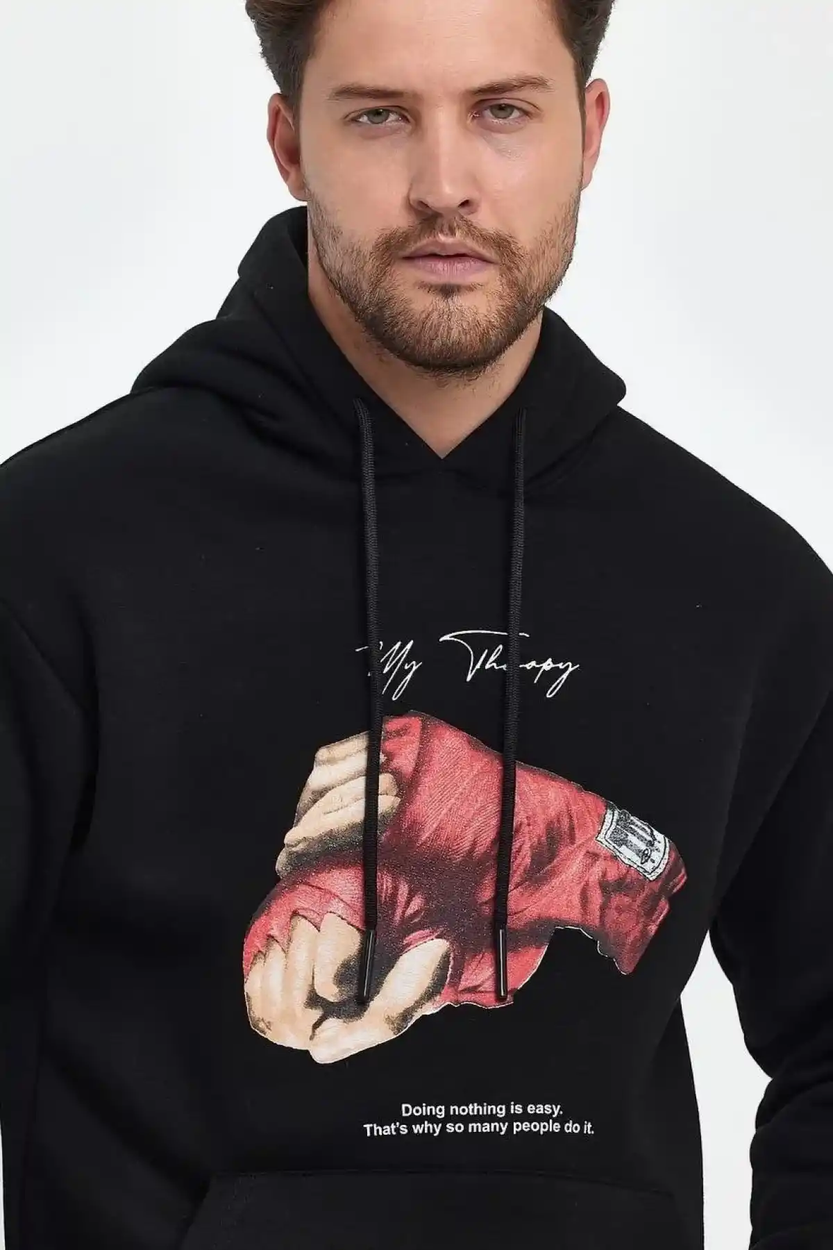 ERKEK Kapüşonlu Üç İplik Oversize Baskılı Sweatshirt - Siyah