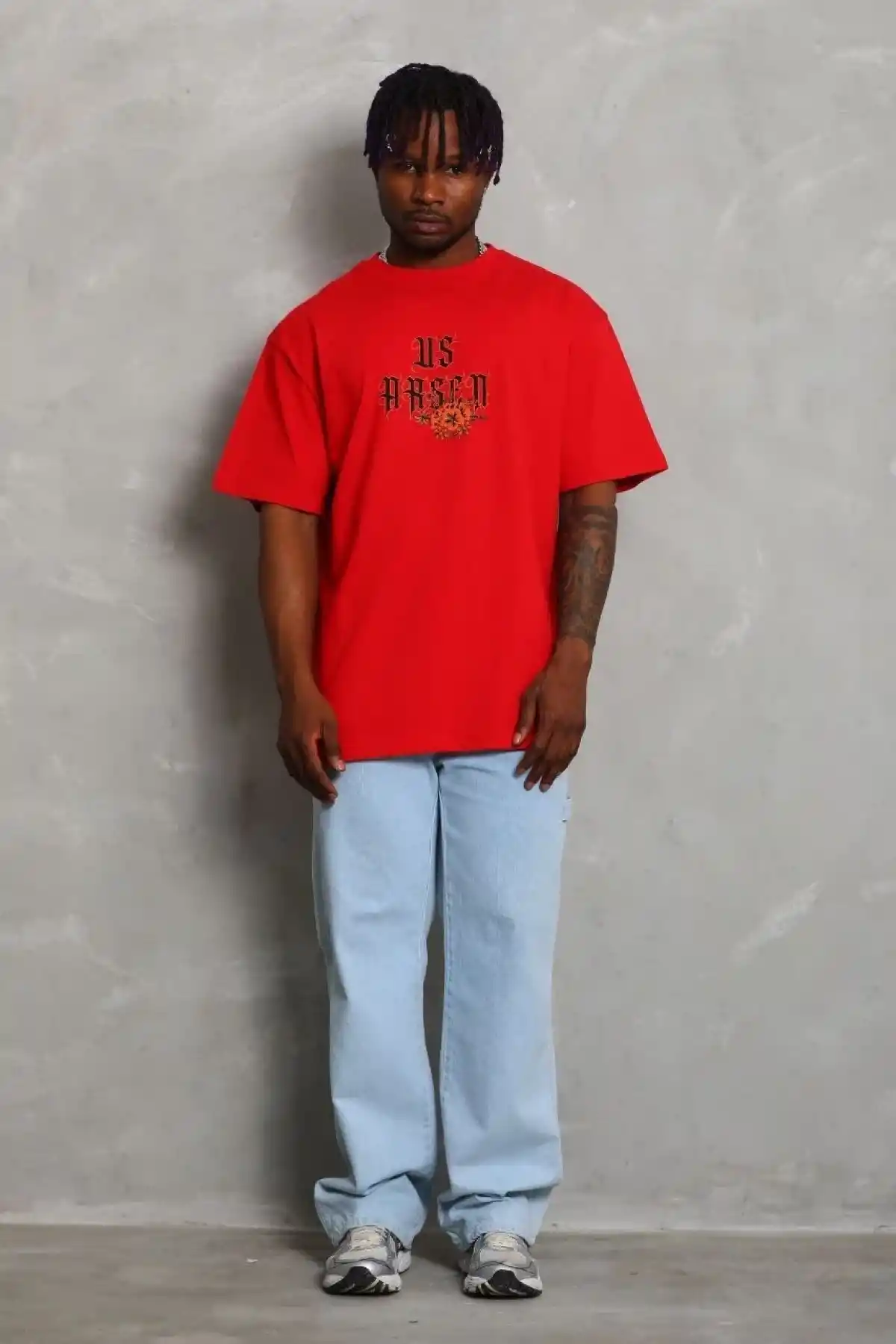 Erkek Baskılı Tişört Kısa Kol Bisiklet Yaka Oversize T-Shirt - Kırmızı