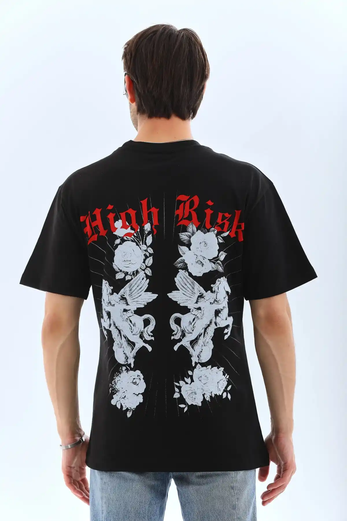 ERKEK Oversize Baskılı Bisiklet Yaka T-Shirt - Siyah