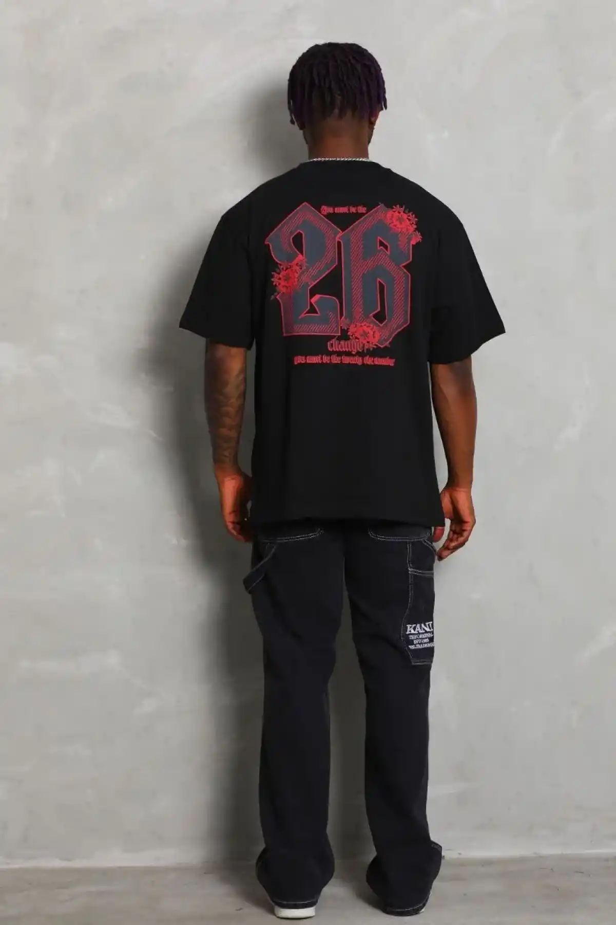 Erkek Baskılı Tişört Kısa Kol Bisiklet Yaka Oversize T-Shirt - Siyah