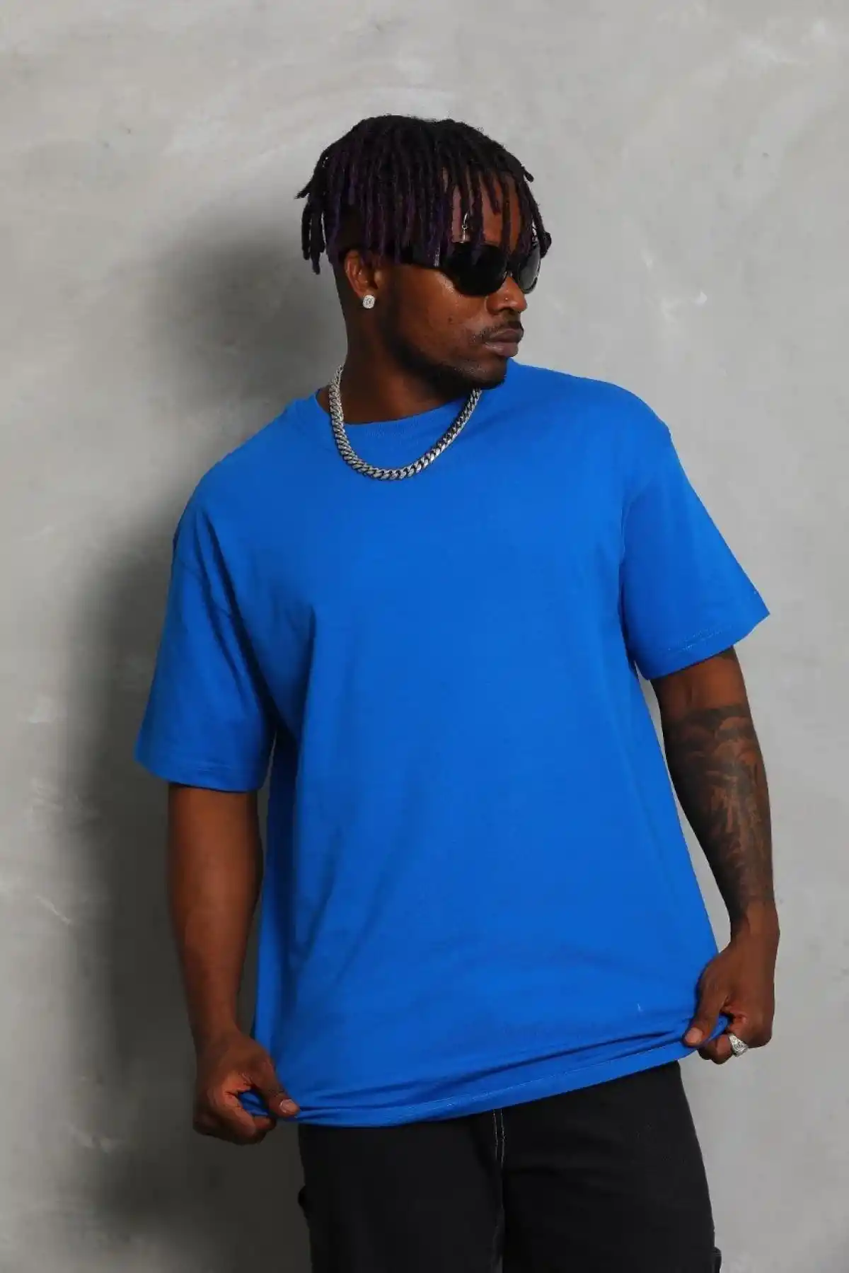 ERKEK Oversize Düz Bisiklet Yaka T-Shirt - Mavi