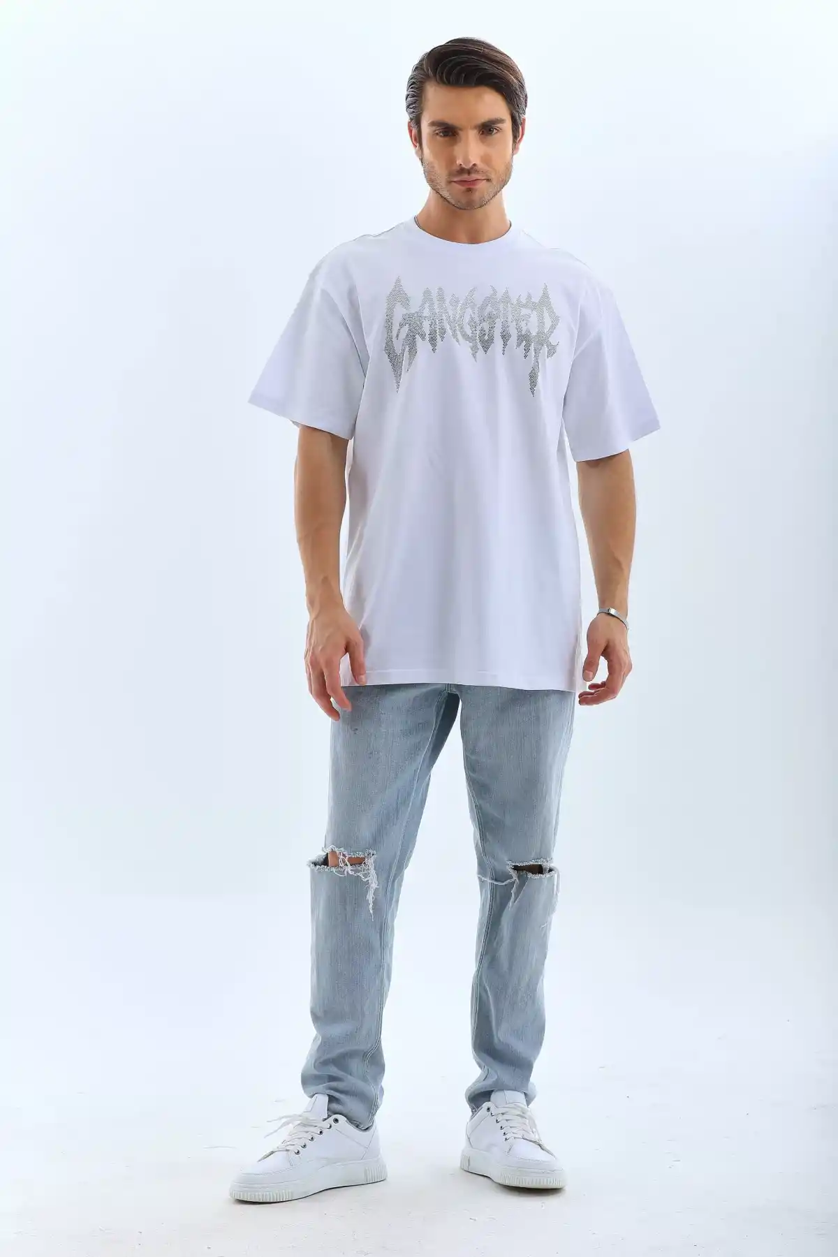 Unisex Oversize Taşlı Bisiklet Yaka T-Shirt - Beyaz