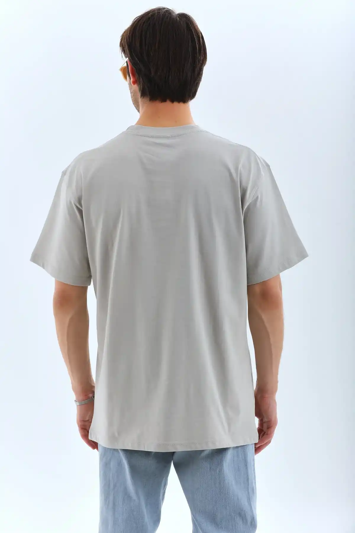 ERKEK Oversize Taşlı Bisiklet Yaka T-Shirt - Gri