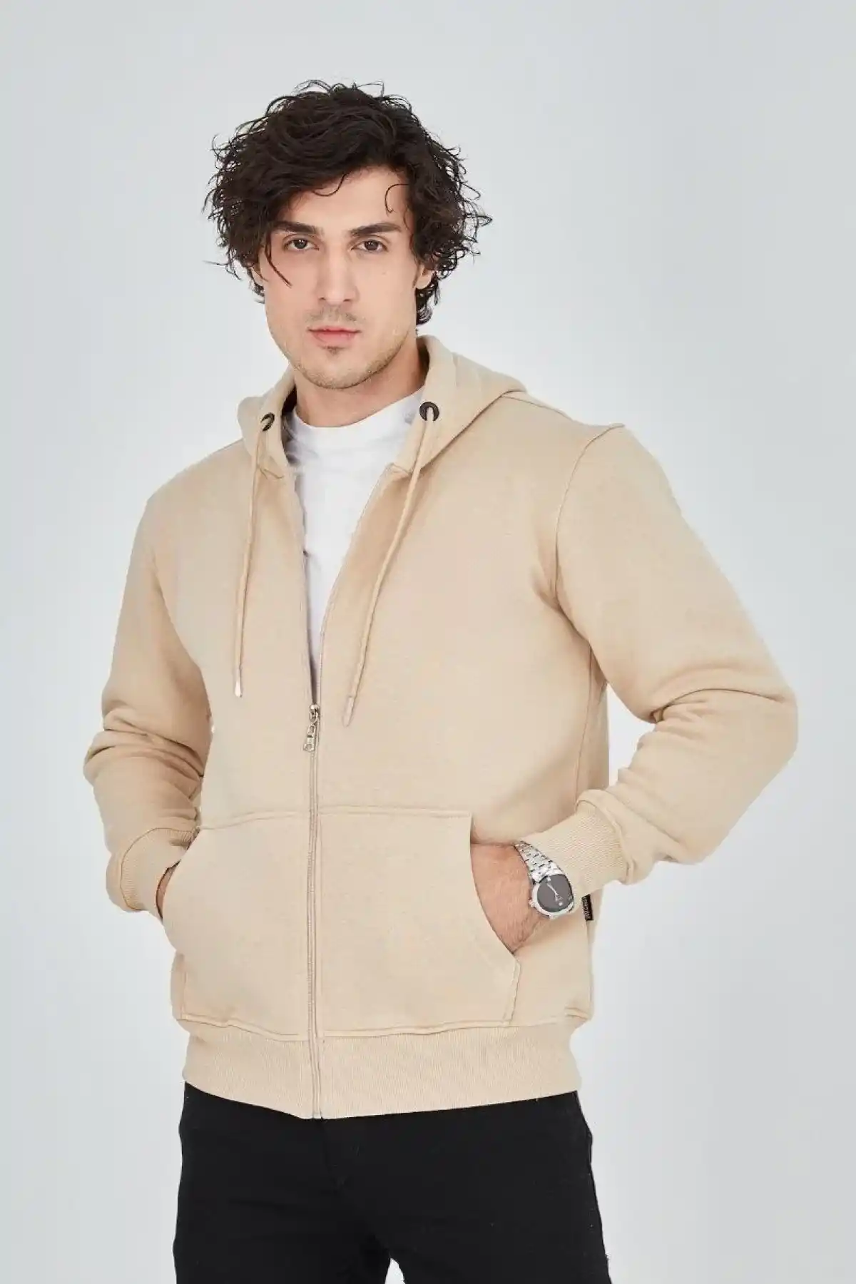 ERKEK Tam Fermuarlı Kapşonlu  SweatShirt - Bej