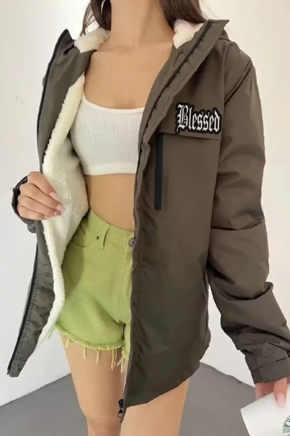 Unisex Tam Kalıp Kapüşonlu İçi Kürklü Mont - Kahverengi