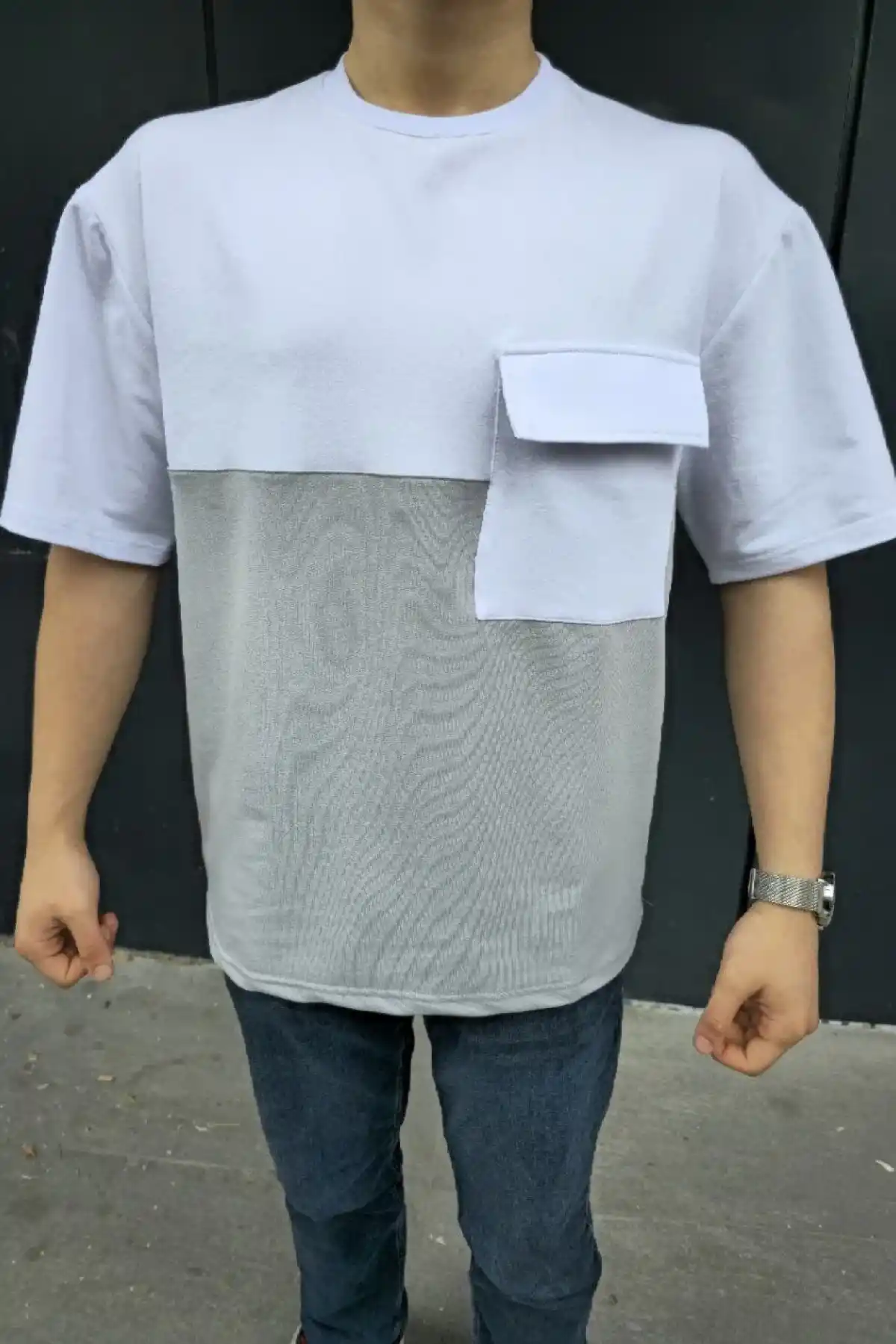 Unisex Torba Cep Detaylı Parçalı T-Shirt - Gri