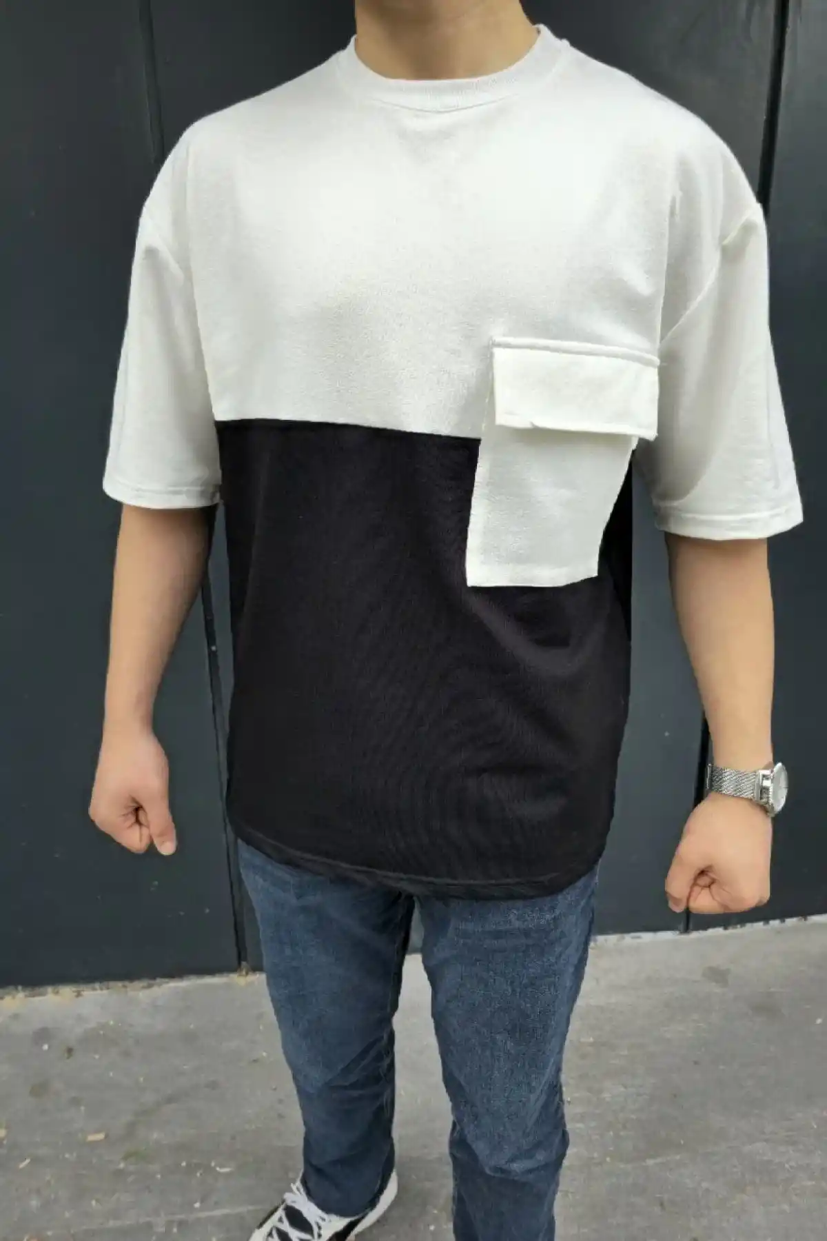 Unisex Torba Cep Detaylı Parçalı T-Shirt - Siyah