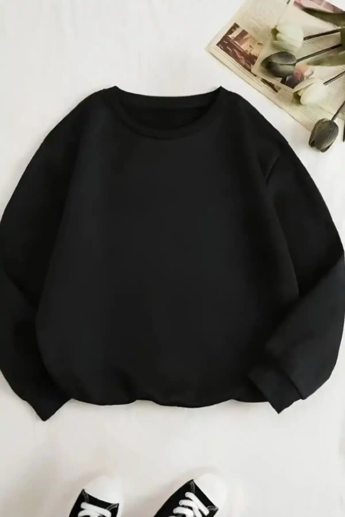 Kadın Üç İplik Biskilet Yaka SweatShirt - Siyah