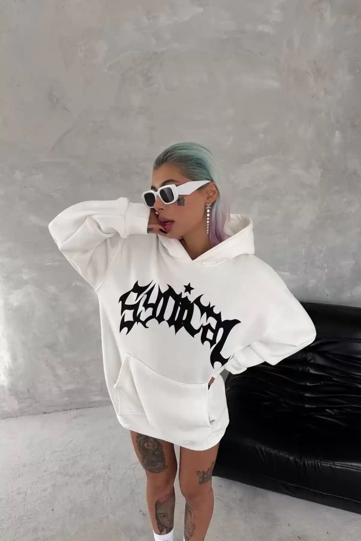 Unisex Üç İplik Kapüşonlu Baskılı SweatShirt - Beyaz