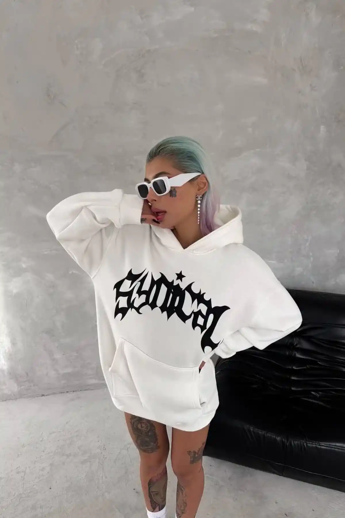 kadın Üç İplik Kapüşonlu Baskılı SweatShirt - Beyaz