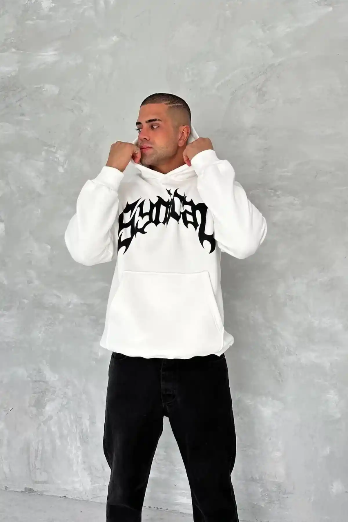 ERKEK Üç İplik Kapüşonlu Baskılı SweatShirt - Beyaz