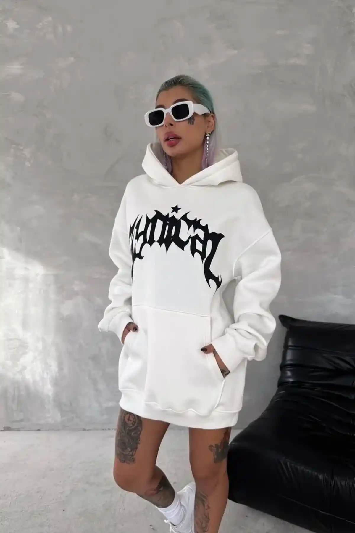 kadın Üç İplik Kapüşonlu Baskılı SweatShirt - Beyaz