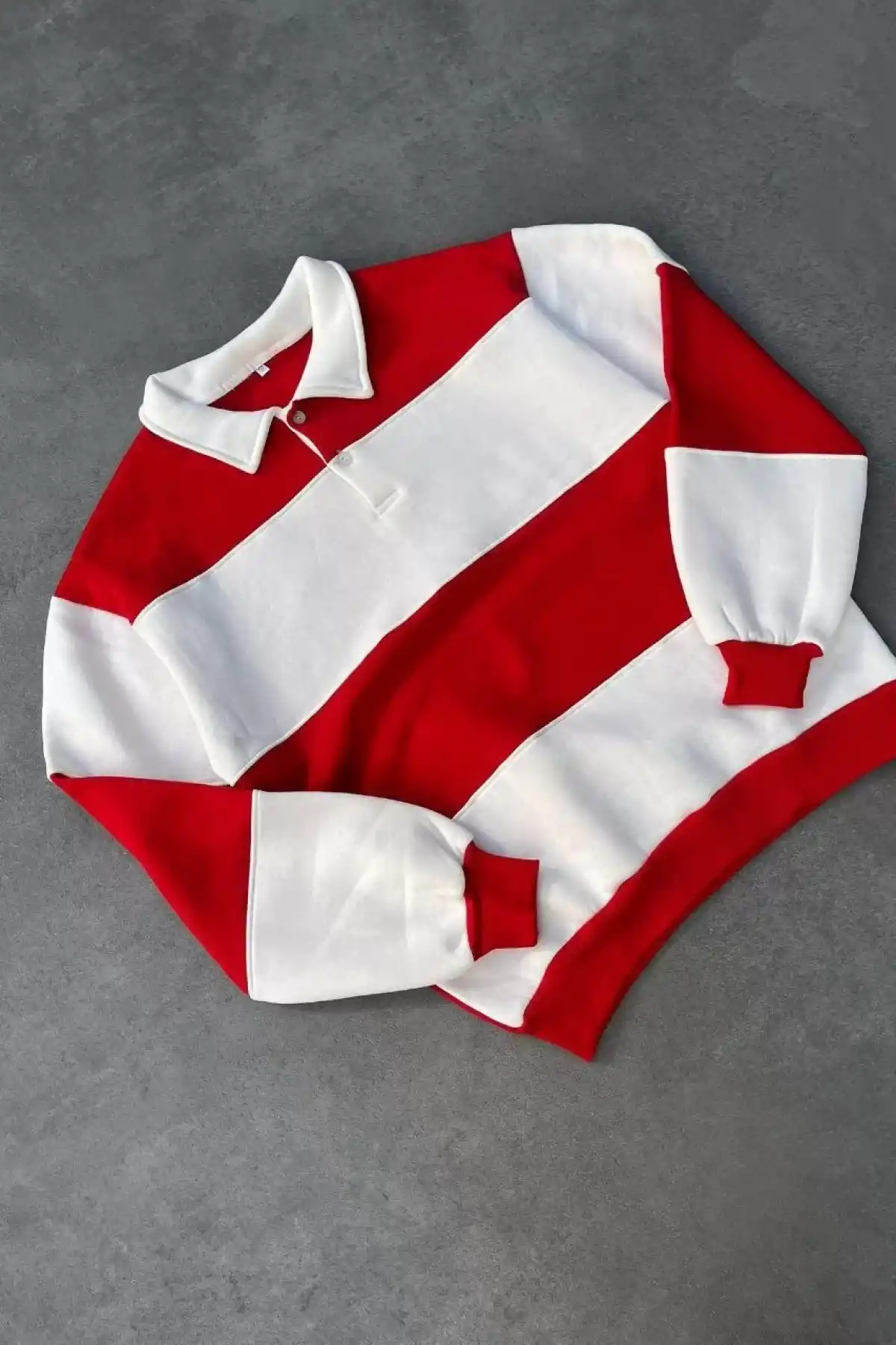 Unisex Üç İplik Parçalı Yakalı SweatShirt - Kırmızı