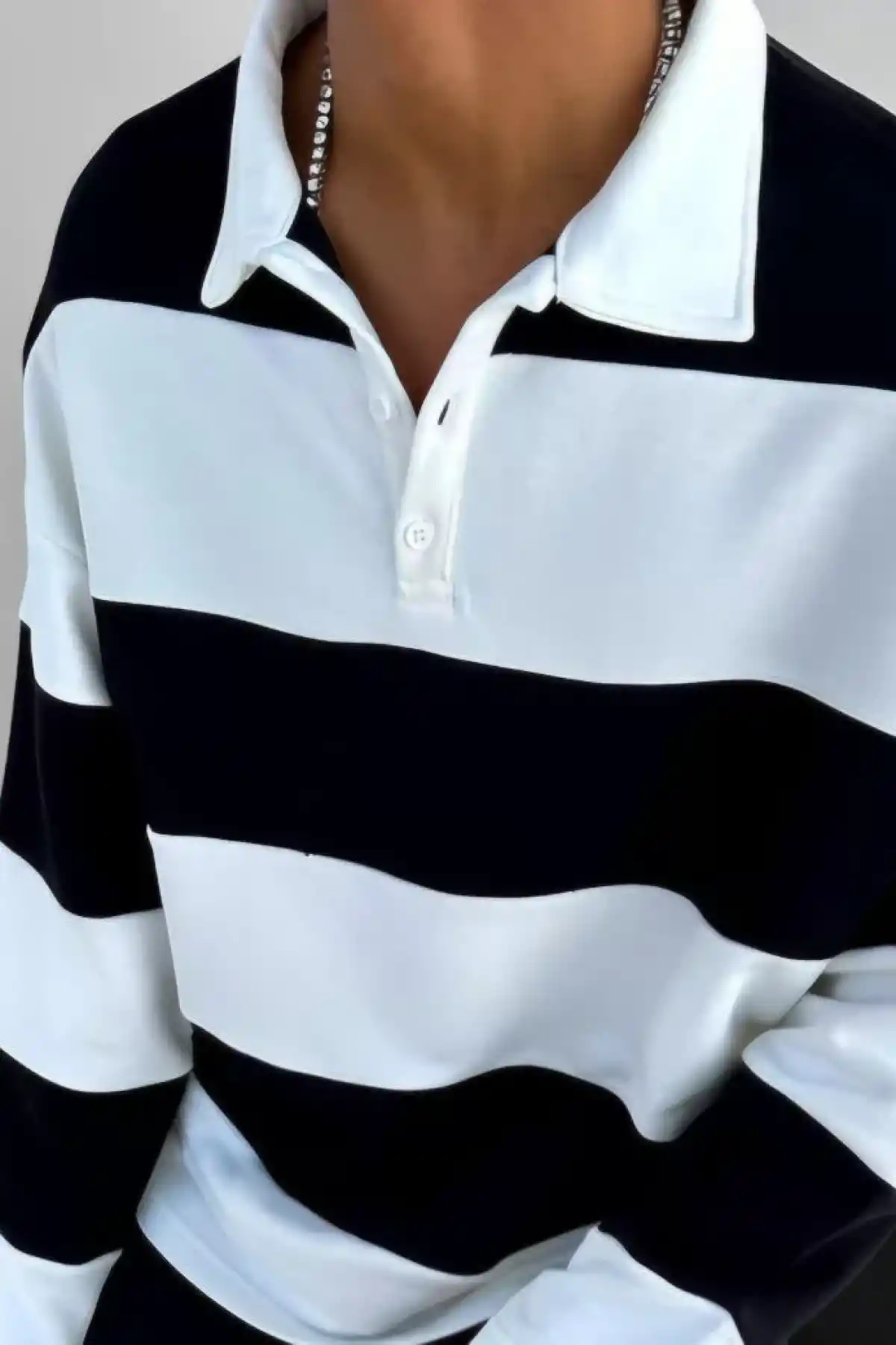 Unisex Üç İplik Parçalı Yakalı SweatShirt - Siyah