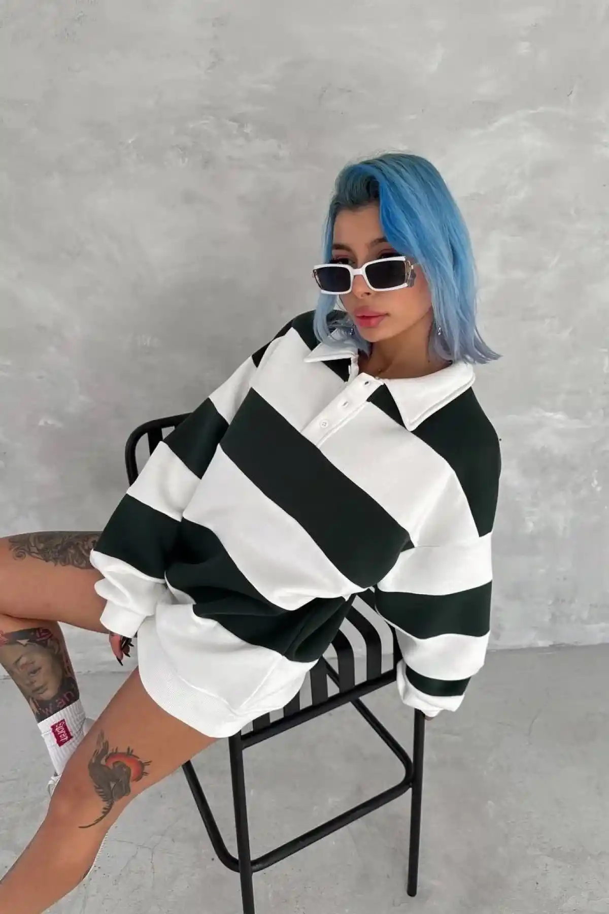 Kadın Üç İplik Parçalı Yakalı SweatShirt - Yeşil