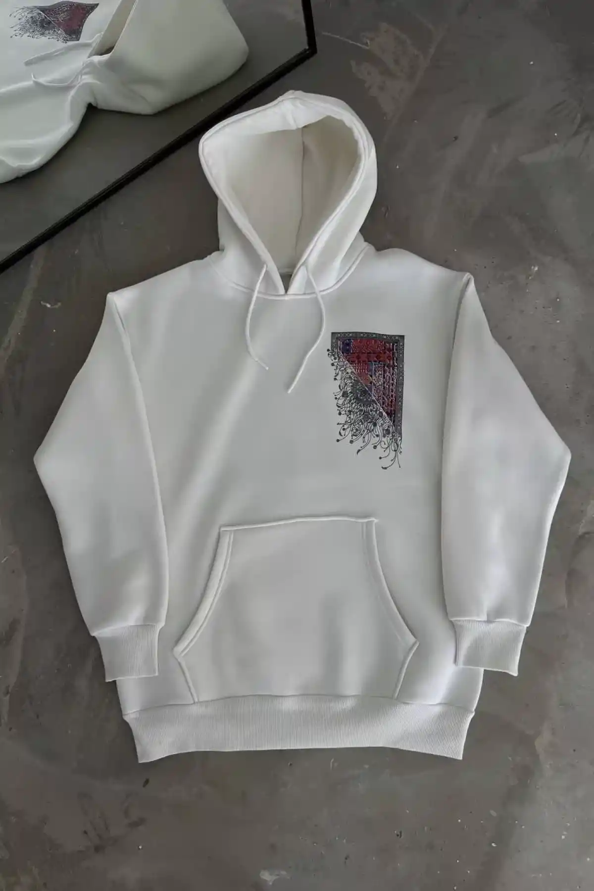 Uzun Kol Kapüşonlu Ön Ve Arka Baskılı SweatShirt - Beyaz