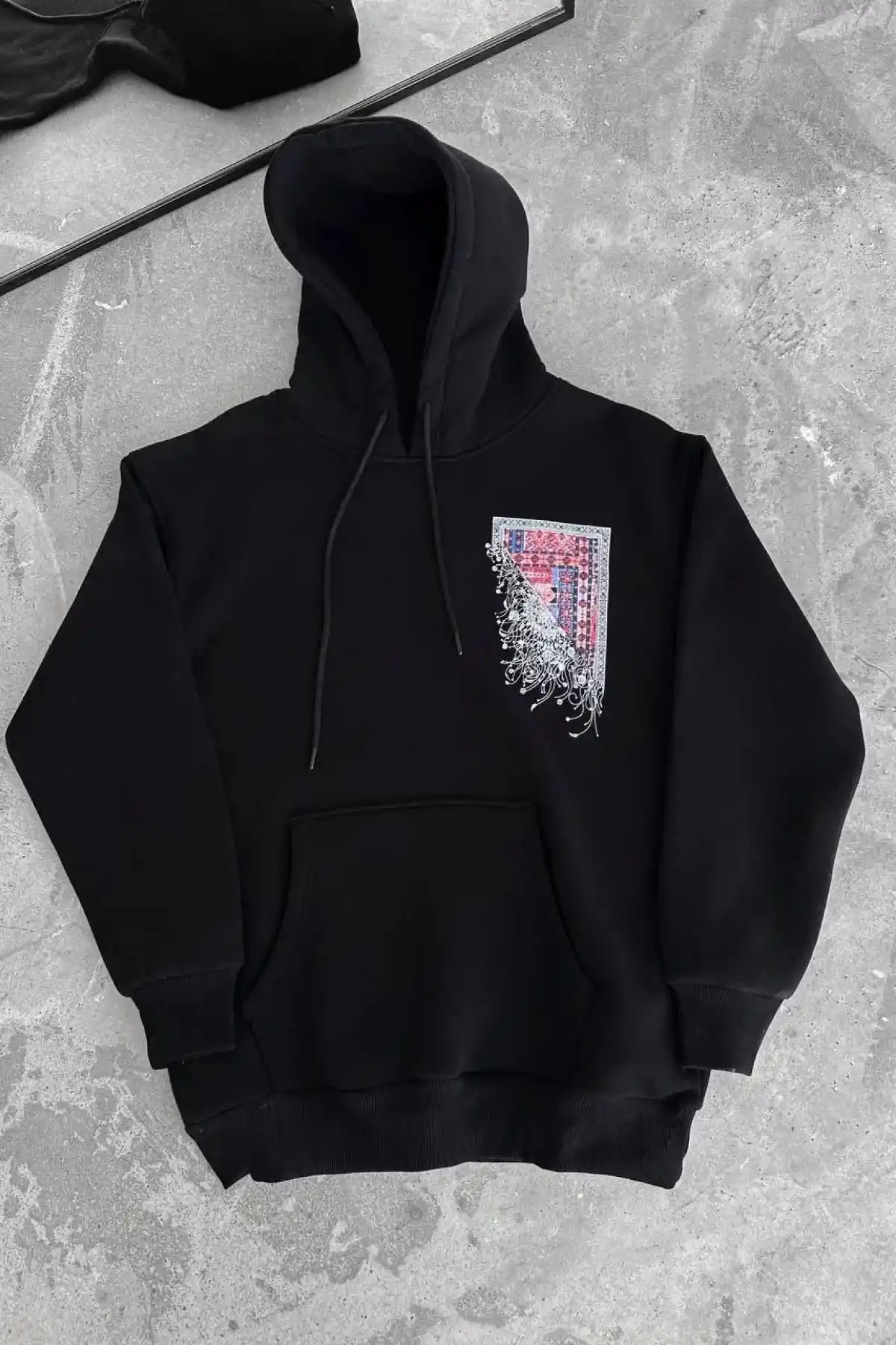 Uzun Kol Kapüşonlu Ön Ve Arka Baskılı SweatShirt - Siyah