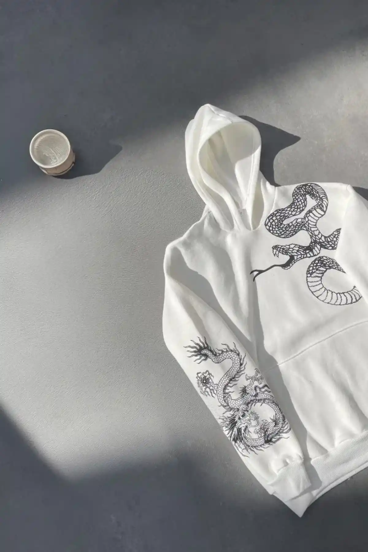 Uzun Kol Kapüşonlu Baskılı SweatShirt - Beyaz