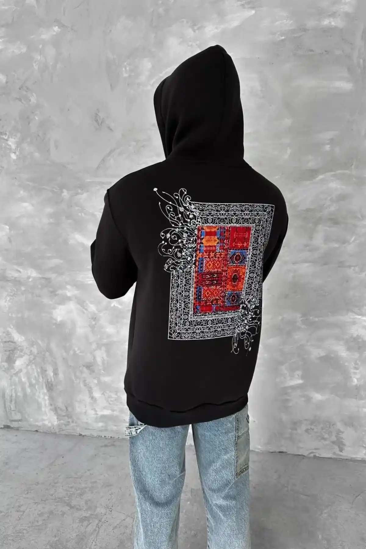 Uzun Kol Kapüşonlu Ön Ve Arka Baskılı SweatShirt - Siyah