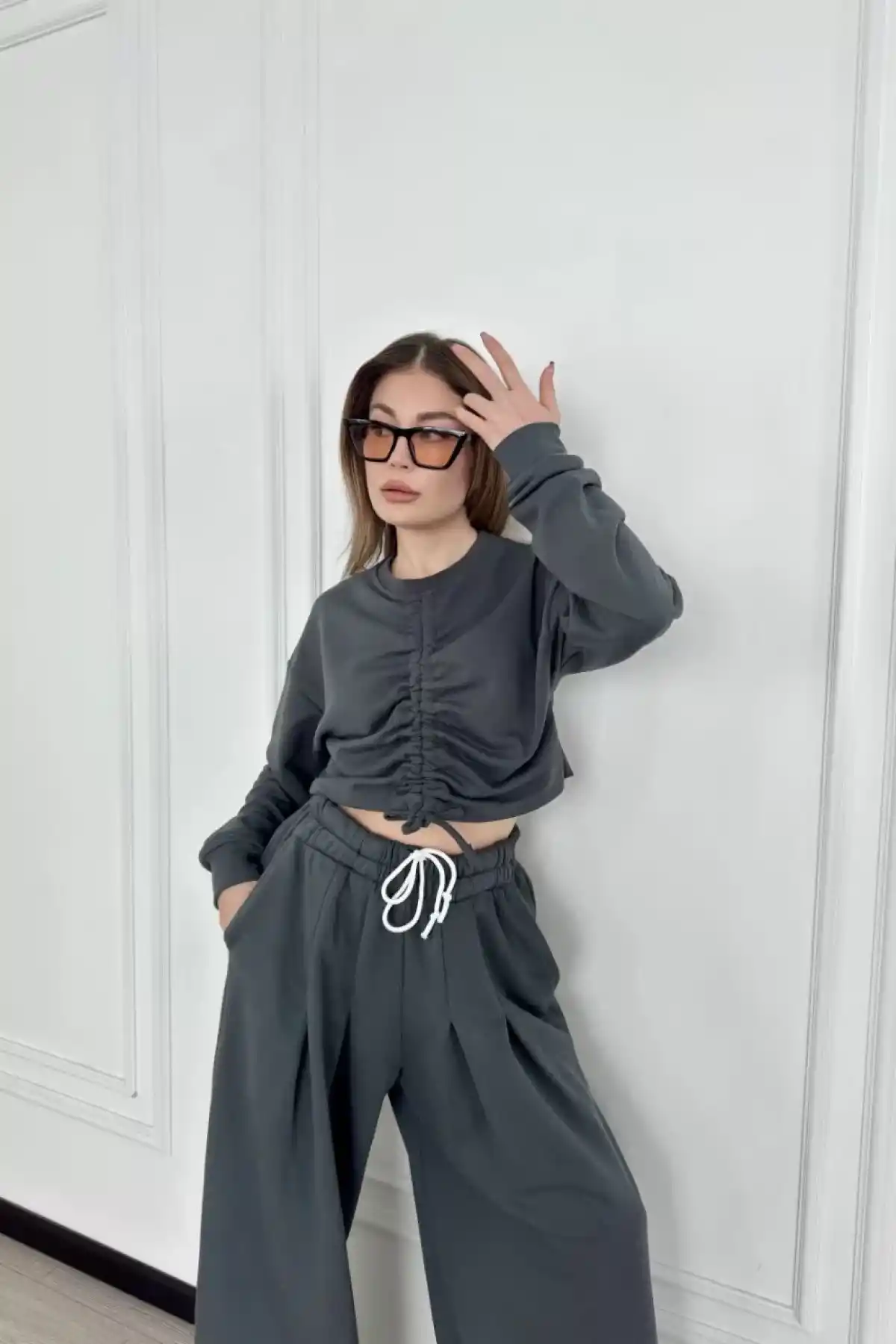 Uzun Kollu Önü İp Büzgülü Crop ve Pantolon İkili Takım - Antrasit