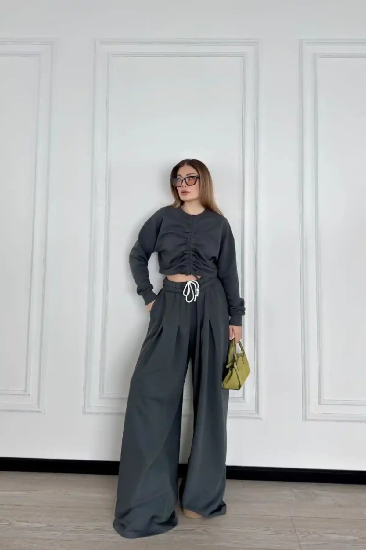 Uzun Kollu Önü İp Büzgülü Crop ve Pantolon İkili Takım - Antrasit