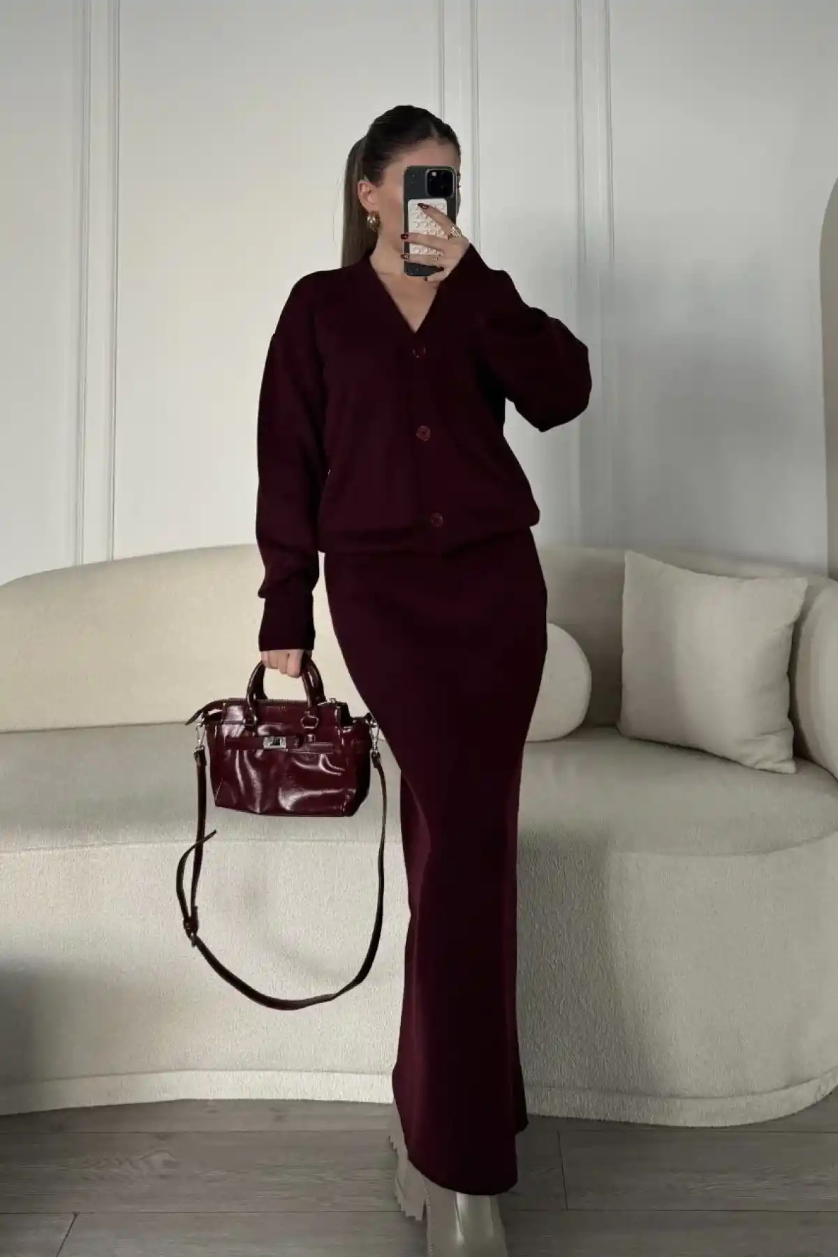 V Yaka 3 Düğmeli Hırka Takım Triko İkili Etekli - Bordo