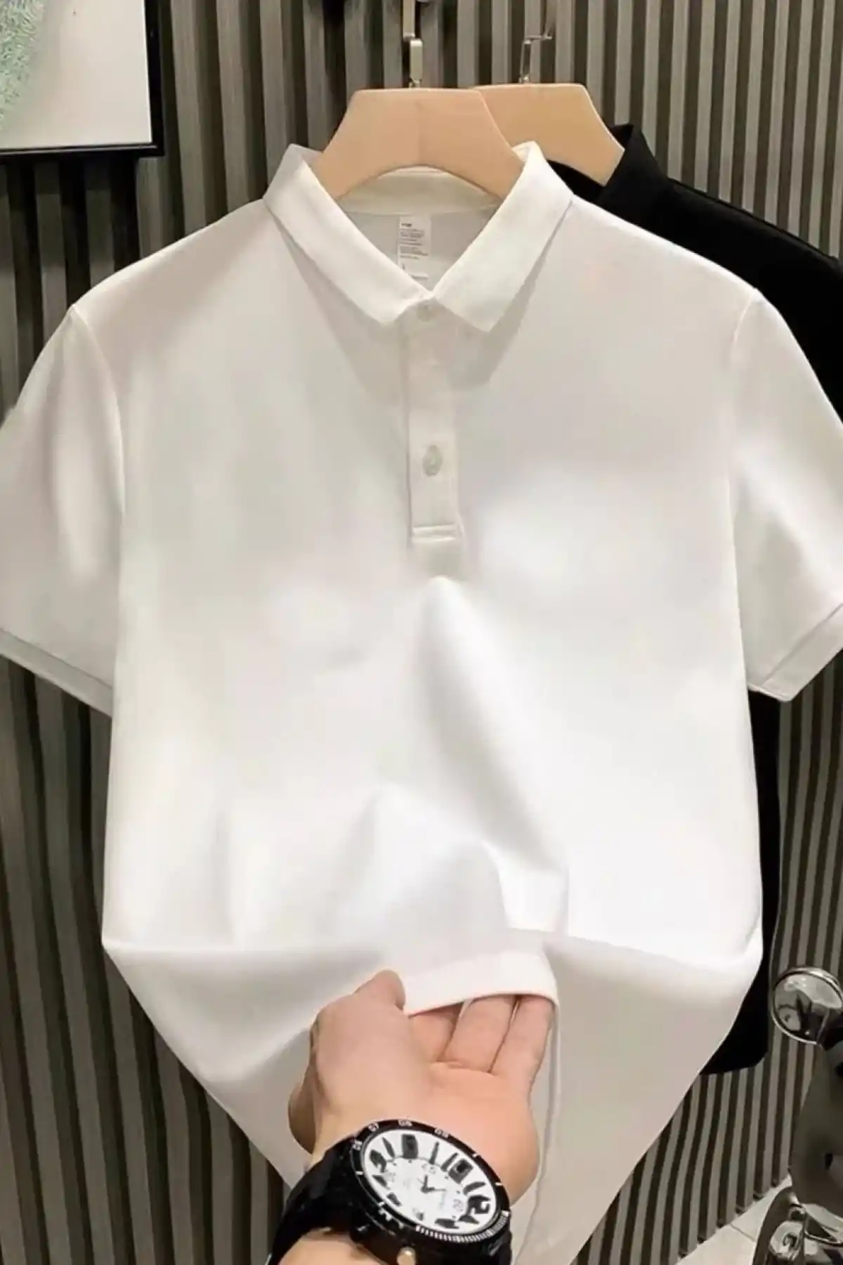 Yakası Düğmeli Yakalı Pike Düz T-Shirt - Beyaz