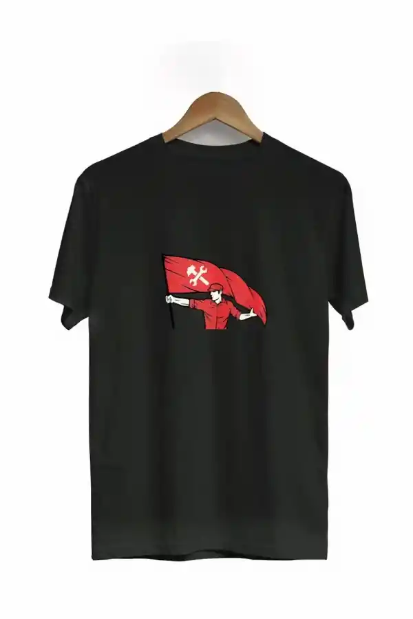 1 Mayıs Emek ve Dayanışma Bayraklı Emekçi Baskılı Bisiklet Yaka T-shirt - Siyah