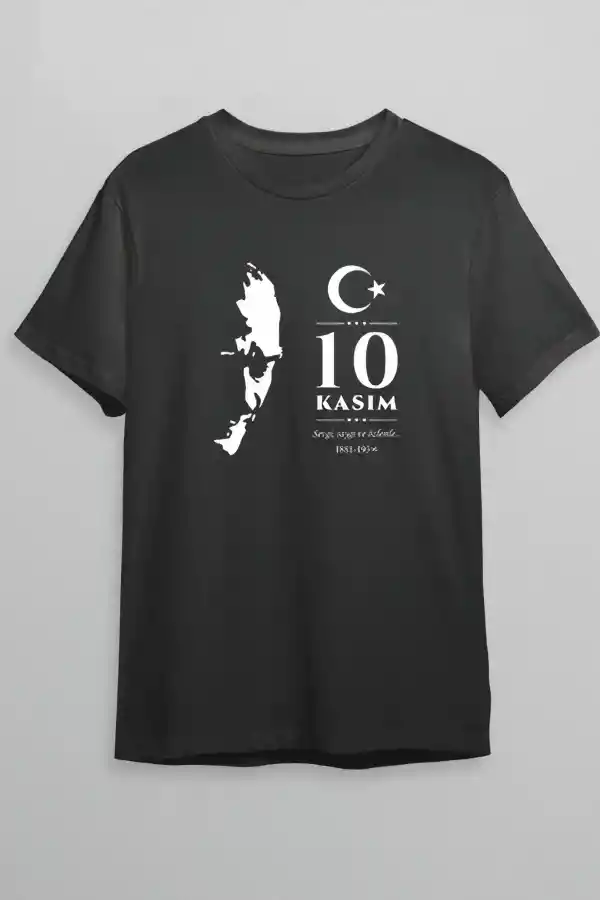 10 Kasım Atatürk Anma Günü Silüet Baskılı Oversize Bisiklet Yaka T-shirt - Siyah