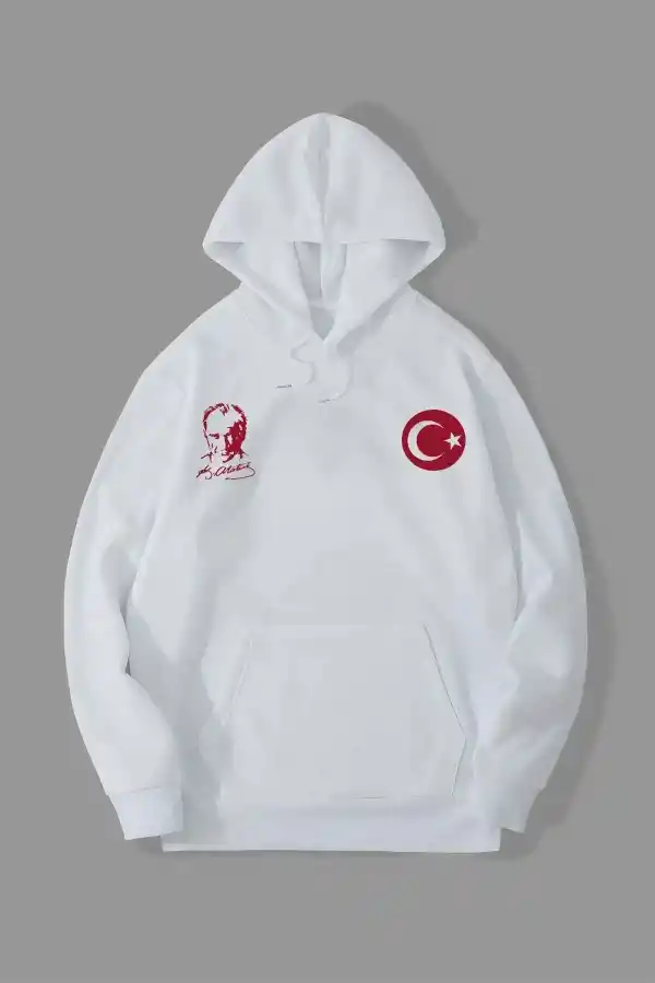 Erkek 10 Kasıma Özel 3 İplik Kapüşonlu Baskılı SweatShirt Hoodie - Beyaz