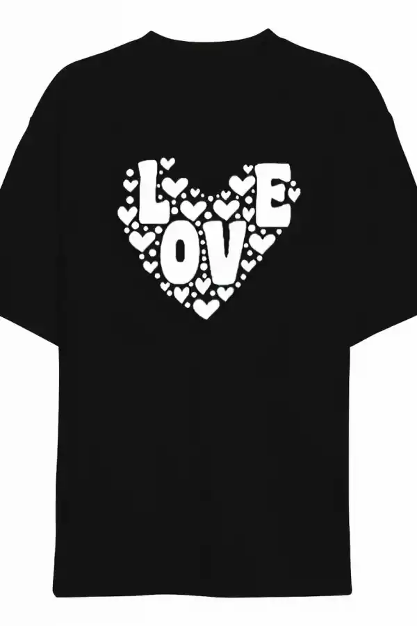 14 Şubat Sevgililer Günü Love Kalp Baskılı Oversize Bisiklet Yaka T-shirt - Siyah