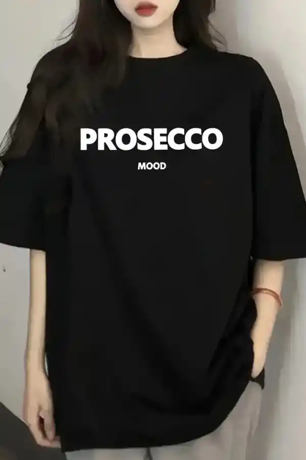 Kadın Kısa Kol Yazlık Tişört Bisiklet Yaka Baskılı Oversize T-Shirt - Siyah