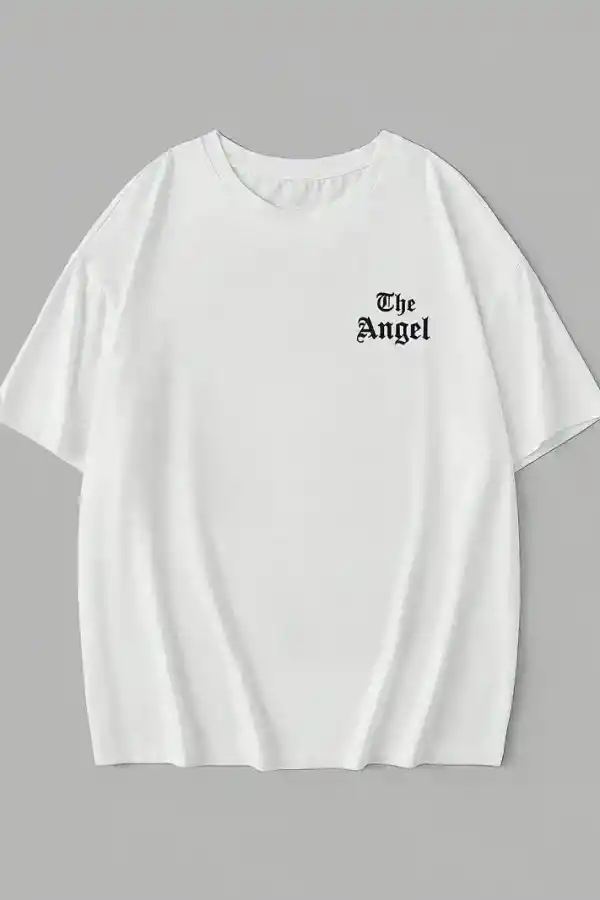 Kadın Kısa Kol Tişört Bisiklet Yaka Angel Melek Kanadı Baskılı T-Shirt - Beyaz