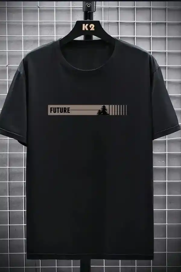 Erkek Tişört FUTRE Baskılı Kısa Kol Bisiklet Yaka T-shirt - Siyah