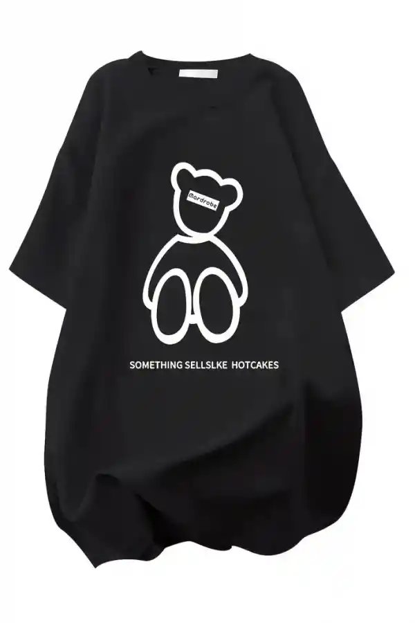 Kadın Tişört Penye Compack Baskılı Oversize Bisiklet Yaka T-shirt - Siyah