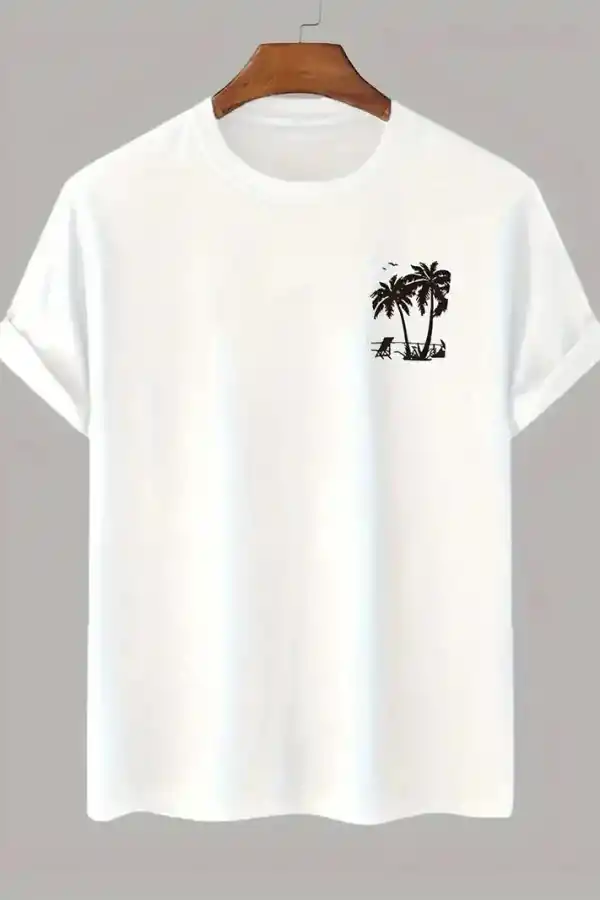 Erkek Kısa Kol Yazlık Tişört Bisiklet Yaka Palmiye Baskılı T-Shirt - Beyaz