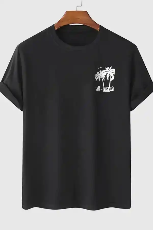 Erkek Kısa Kol Yazlık Tişört Bisiklet Yaka Palmiye Baskılı T-Shirt - Siyah