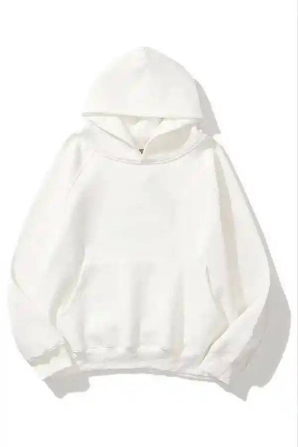 Kadın Kapüşonlu Kanguru Cepli 3 İplik Pamuklu Düz Hoodie Sweatshirt - Beyaz