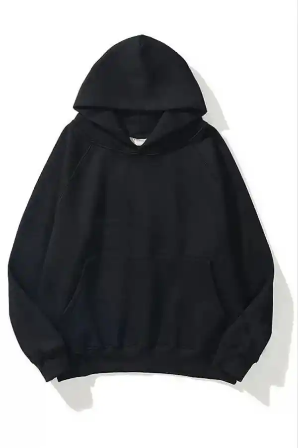 Kadın Kapüşonlu Kanguru Cepli 3 İplik Pamuklu Düz Hoodie Sweatshirt - Siyah